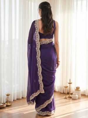 Elegant Purple Organza Satin Silk Saree With Fine Floral Zari & Thread Embroidered Border Work - Image 2