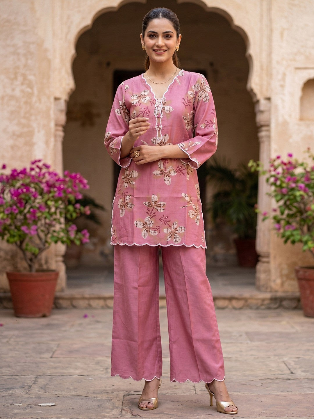 Pink Floral Printed Viscose Top Palazzo Set for Women - Image 1