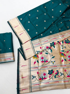 Teal Green Floral Weaving Banarasi Silk Paithani Saree With Zari Border & Designer Pallu - Image 2
