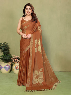 Elegant Brown Georgette Saree Adorned With Floral Foil Print & Rich Zari Border With Tassel Pallu - Image 1