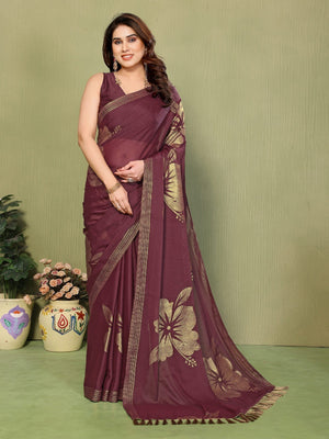 Elegant Burgundy Georgette Saree Adorned With Floral Foil Print & Rich Zari Border With Tassel Pallu - Image 1