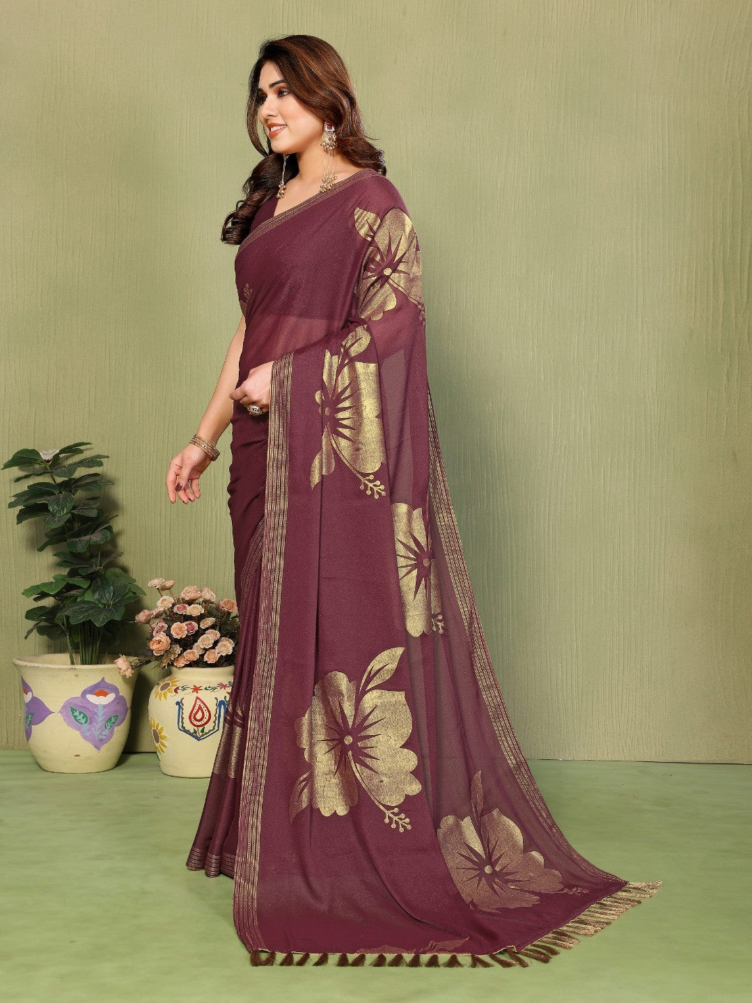Elegant Burgundy Georgette Saree Adorned With Floral Foil Print & Rich Zari Border With Tassel Pallu - Image 2
