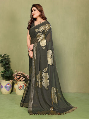 Elegant Mehendi Green Georgette Saree Adorned With Floral Foil Print & Rich Zari Border With Tassel Pallu - Image 2