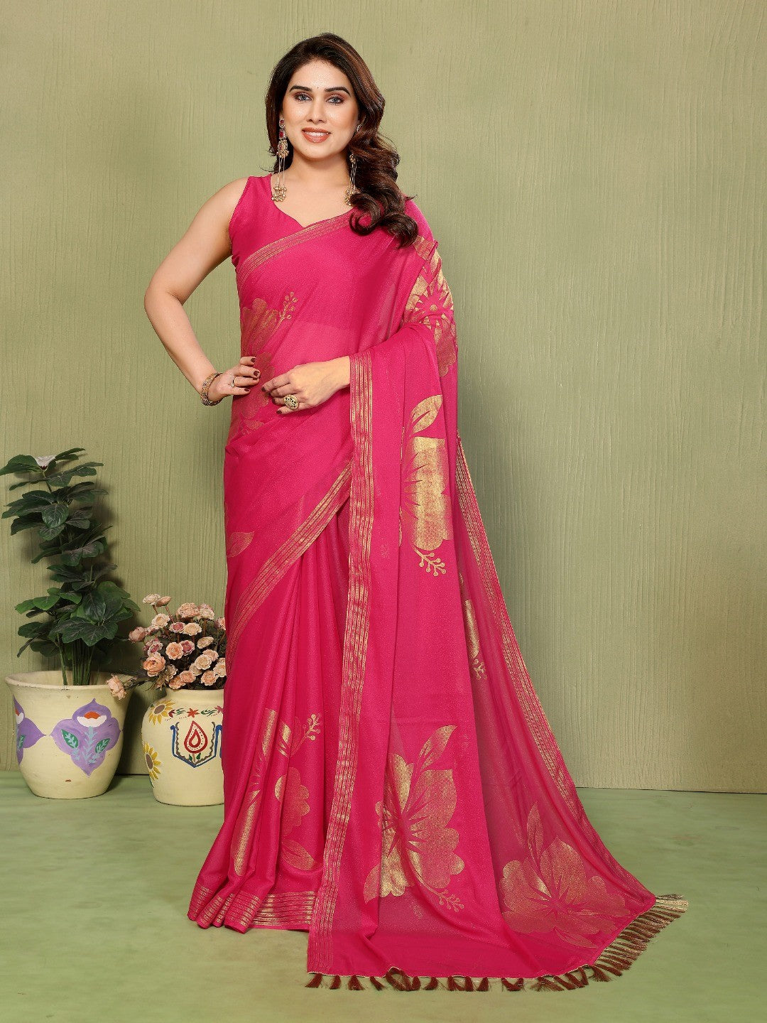 Elegant Pink Georgette Saree Adorned With Floral Foil Print & Rich Zari Border With Tassel Pallu - Image 1