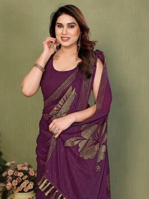 Elegant Wine Georgette Saree Adorned With Floral Foil Print & Rich Zari Border With Tassel Pallu - Image 2