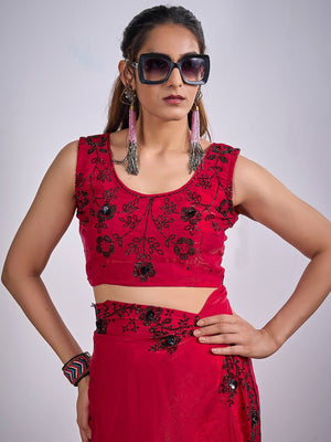 Glamorous Cherry Red Satin Silk Saree Featuring Rich Stone Work With Cut Dana & Sequins - Image 2