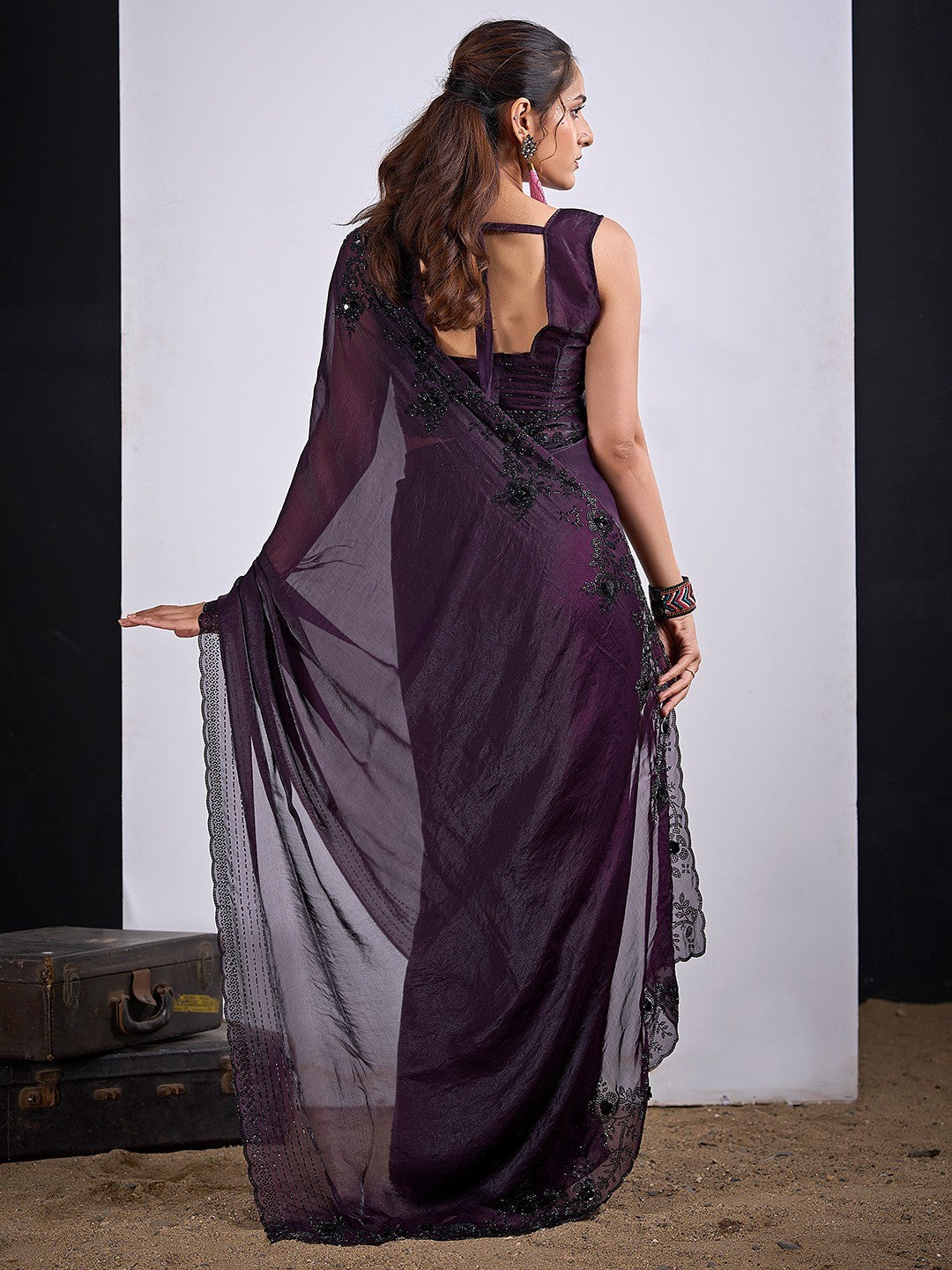 Glamorous Dark Purple  Satin Silk Saree Featuring Rich Stone Work With Cut Dana & Sequins - Image 4