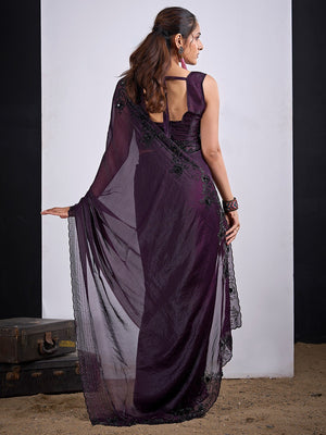 Glamorous Dark Purple  Satin Silk Saree Featuring Rich Stone Work With Cut Dana & Sequins - Image 2