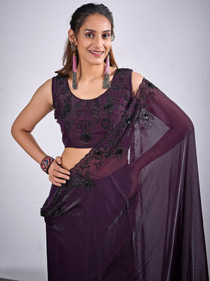 Glamorous Dark Purple  Satin Silk Saree Featuring Rich Stone Work With Cut Dana & Sequins - Image 2
