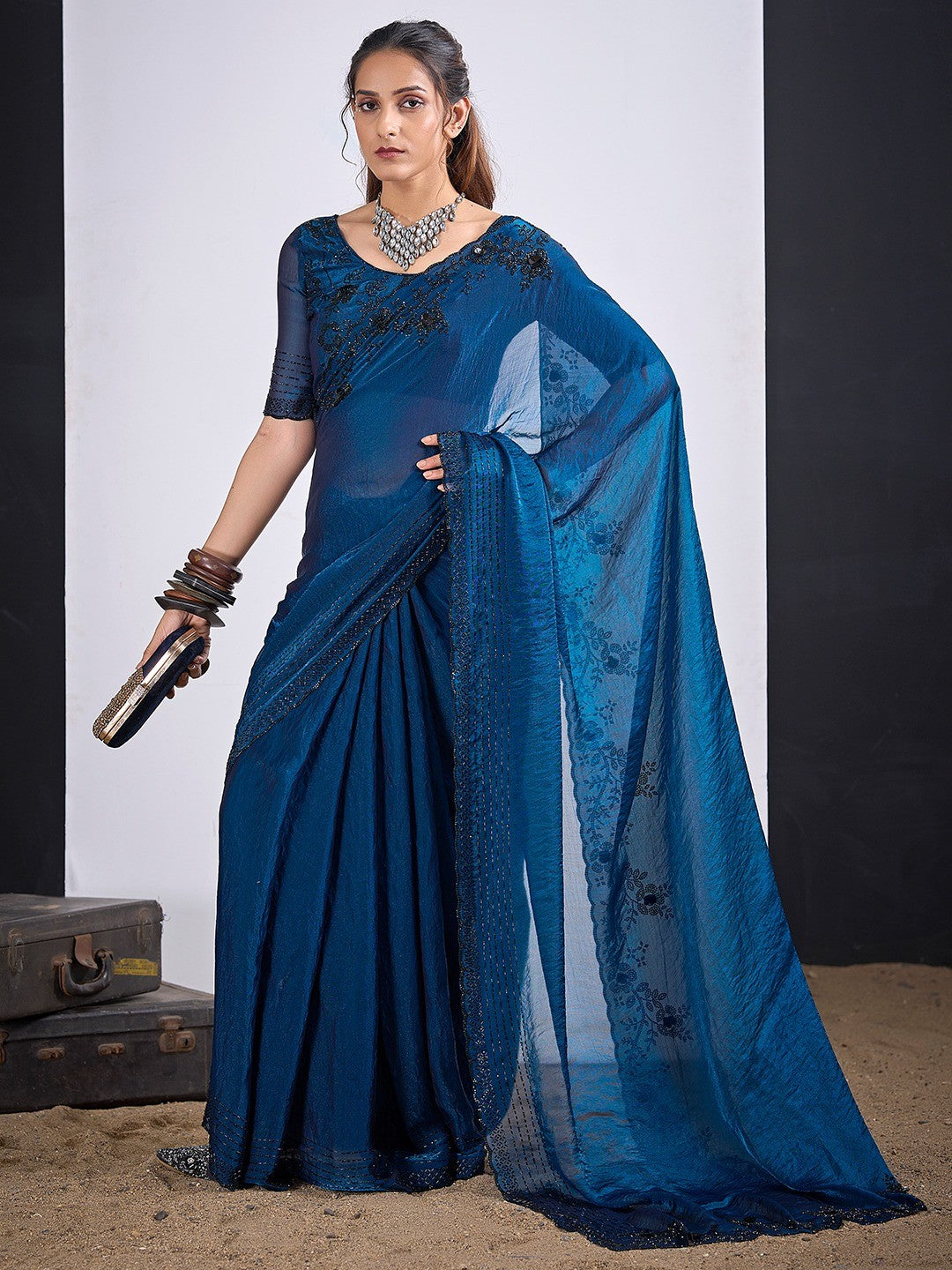 Glamorous Blue Satin Silk Saree Featuring Rich Stone Work With Cut Dana & Sequins - Image 1