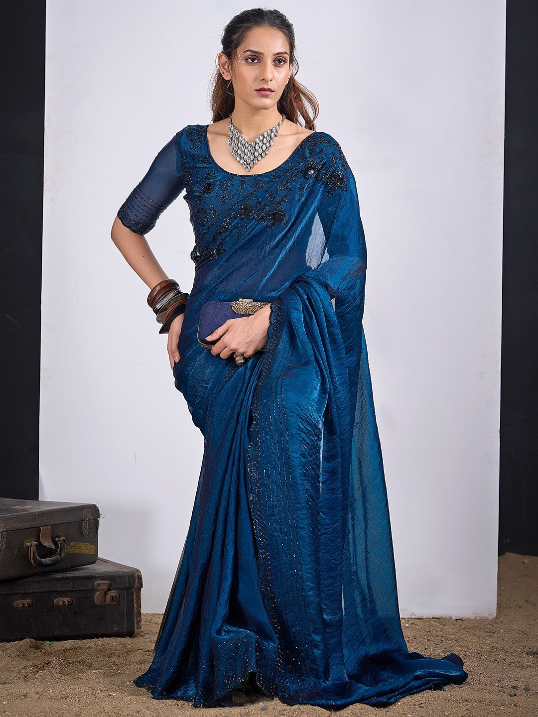 Glamorous Blue Satin Silk Saree Featuring Rich Stone Work With Cut Dana & Sequins - Image 6