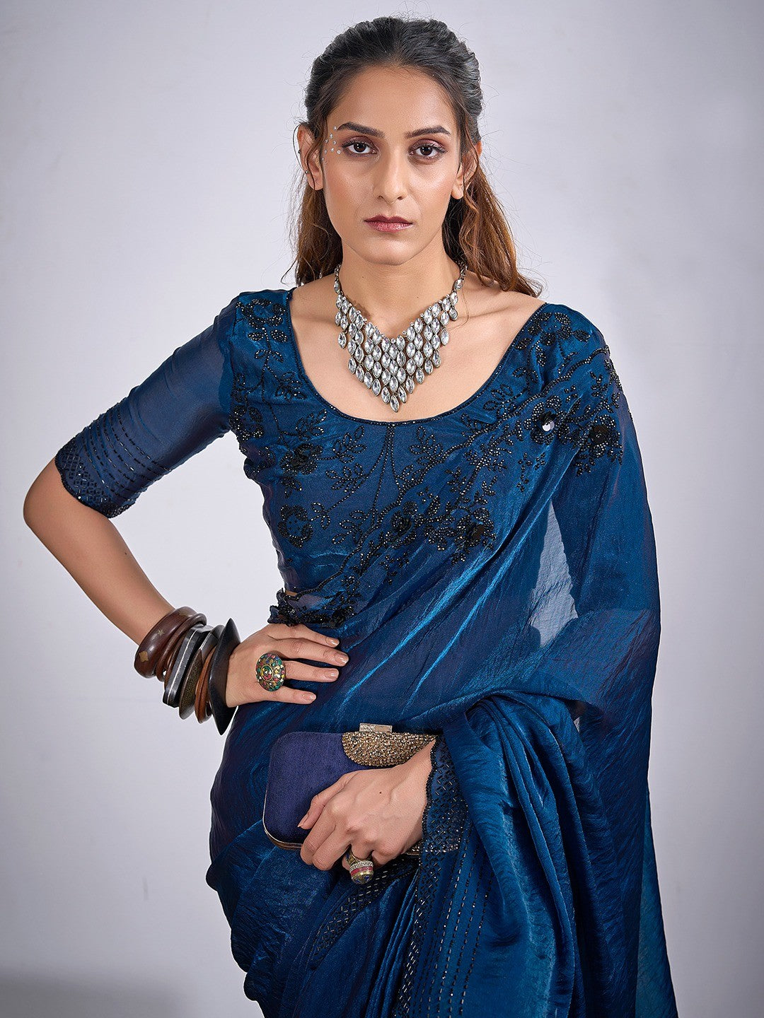 Glamorous Blue Satin Silk Saree Featuring Rich Stone Work With Cut Dana & Sequins - Image 3