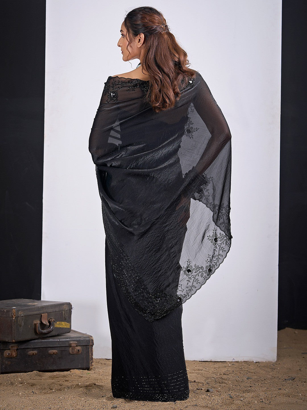 Glamorous Black Satin Silk Saree Featuring Rich Stone Work With Cut Dana & Sequins - Image 3