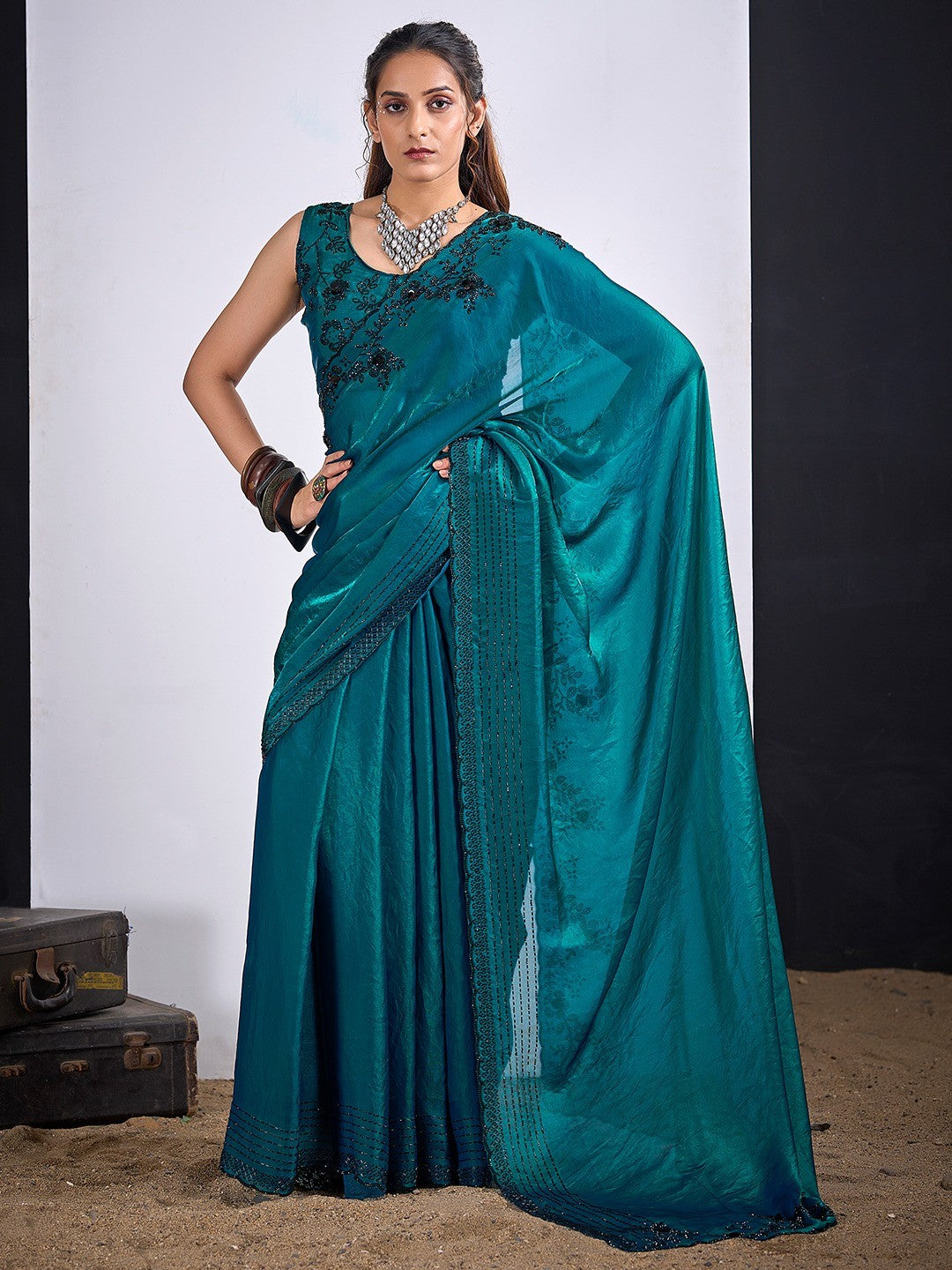 Glamorous Morpich Blue Satin Silk Saree Featuring Rich Stone Work With Cut Dana & Sequins - Image 1