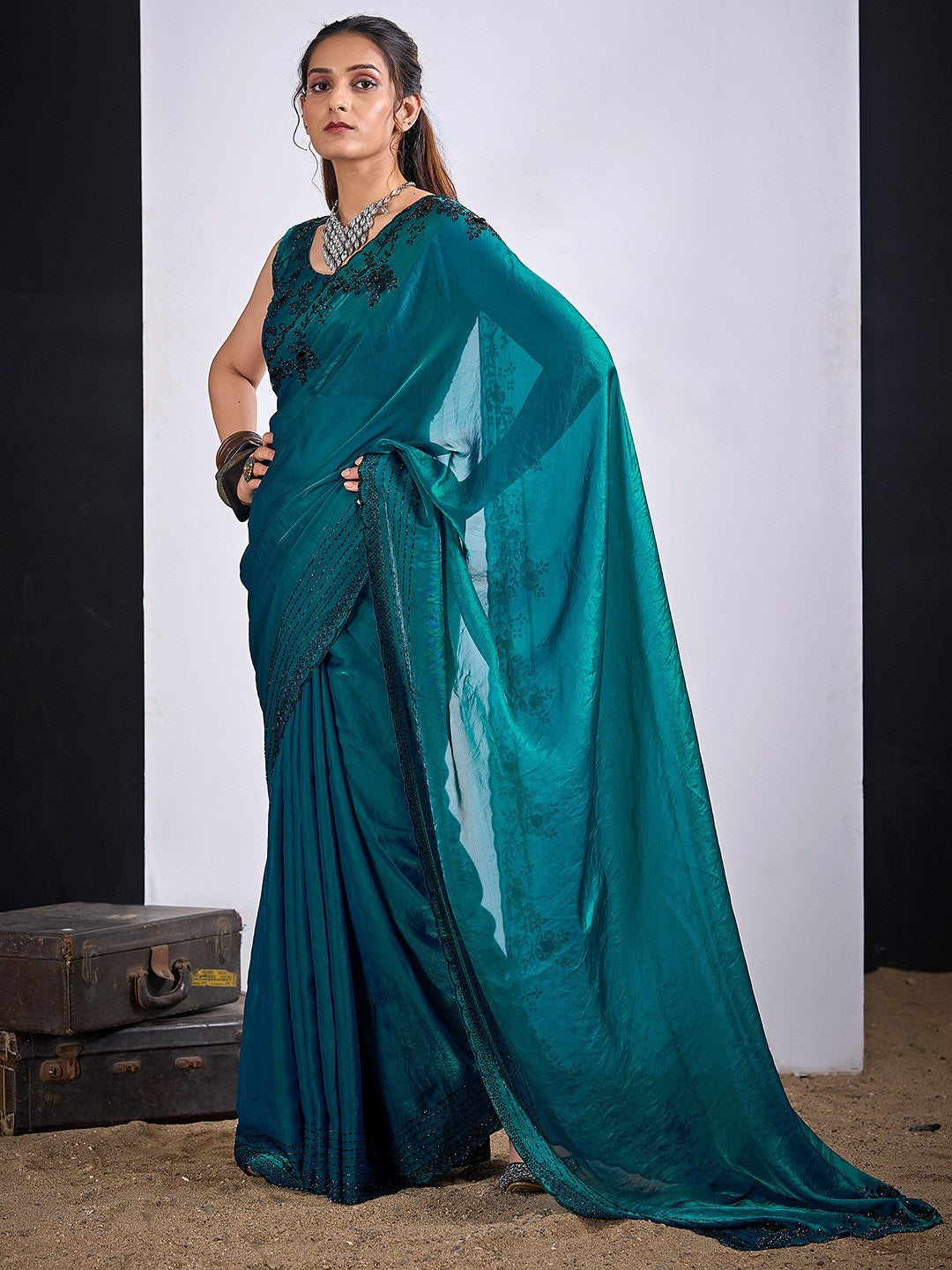 Glamorous Morpich Blue Satin Silk Saree Featuring Rich Stone Work With Cut Dana & Sequins - Image 4