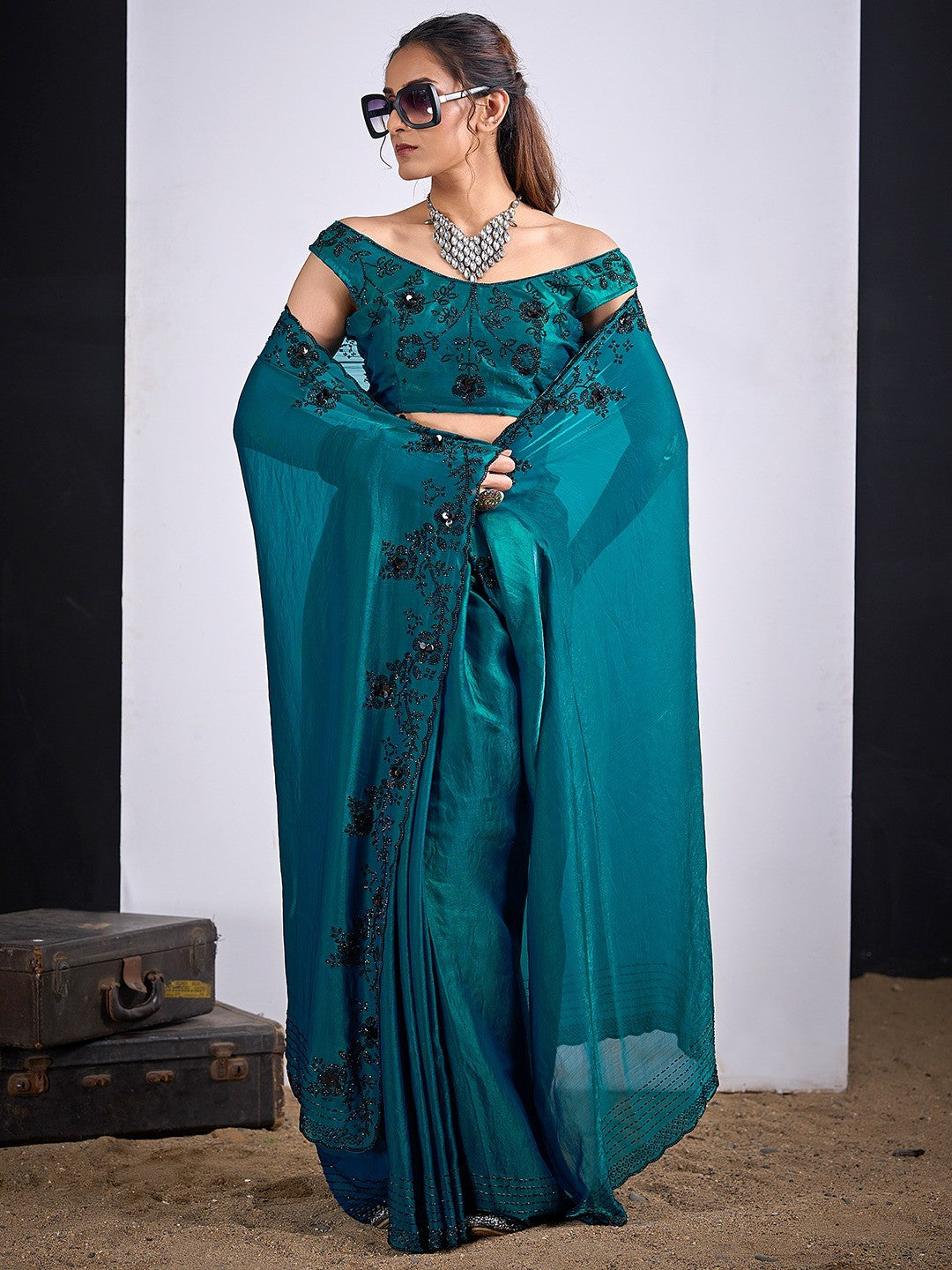 Glamorous Morpich Blue Satin Silk Saree Featuring Rich Stone Work With Cut Dana & Sequins - Image 5