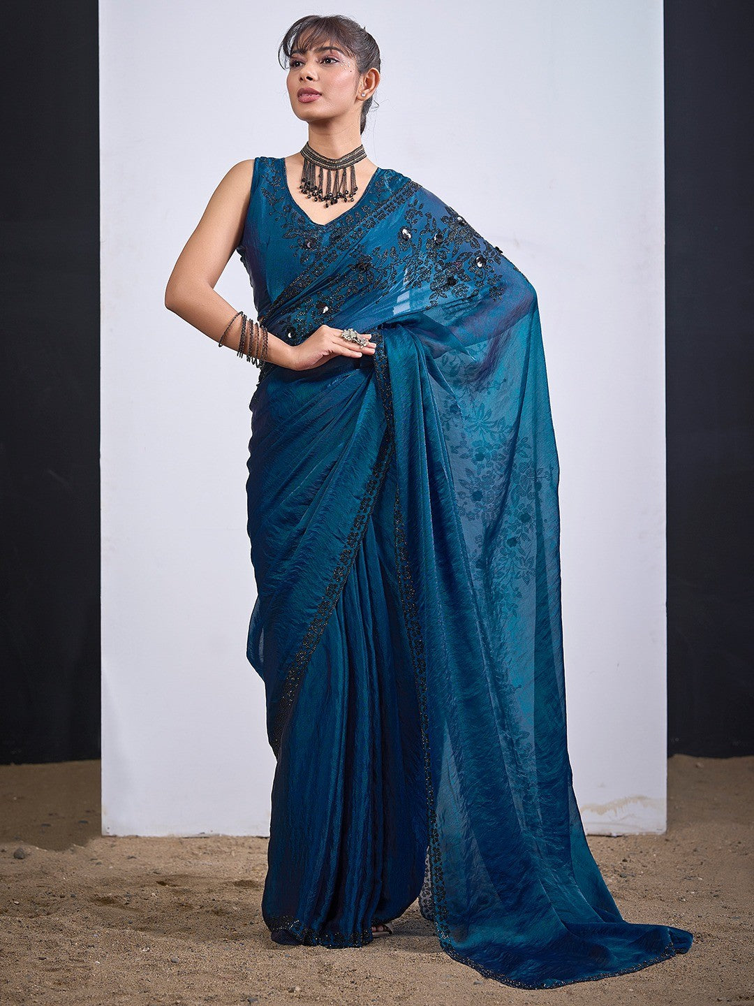 Classic Morpich Blue Satin Silk Saree Featuring Stone & Cut Dana Work With Sequin Applic Finish - Image 5