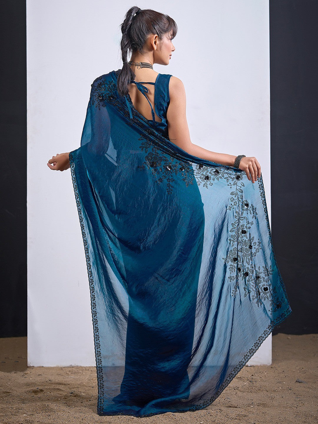 Classic Morpich Blue Satin Silk Saree Featuring Stone & Cut Dana Work With Sequin Applic Finish - Image 4