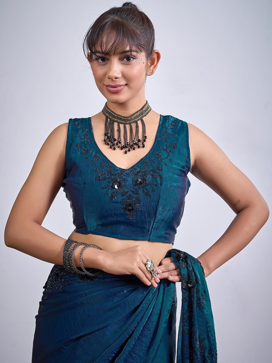 Classic Morpich Blue Satin Silk Saree Featuring Stone & Cut Dana Work With Sequin Applic Finish - Image 3