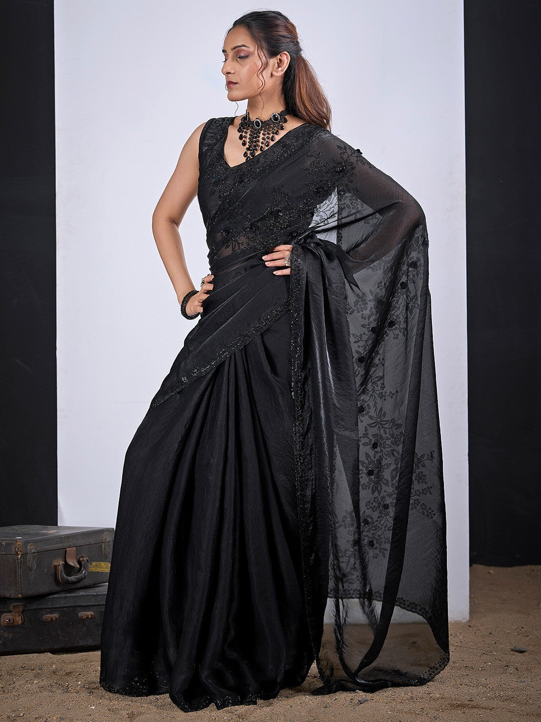Classic Black Satin Silk Saree Featuring Stone & Cut Dana Work With Sequin Applic Finish - Image 5