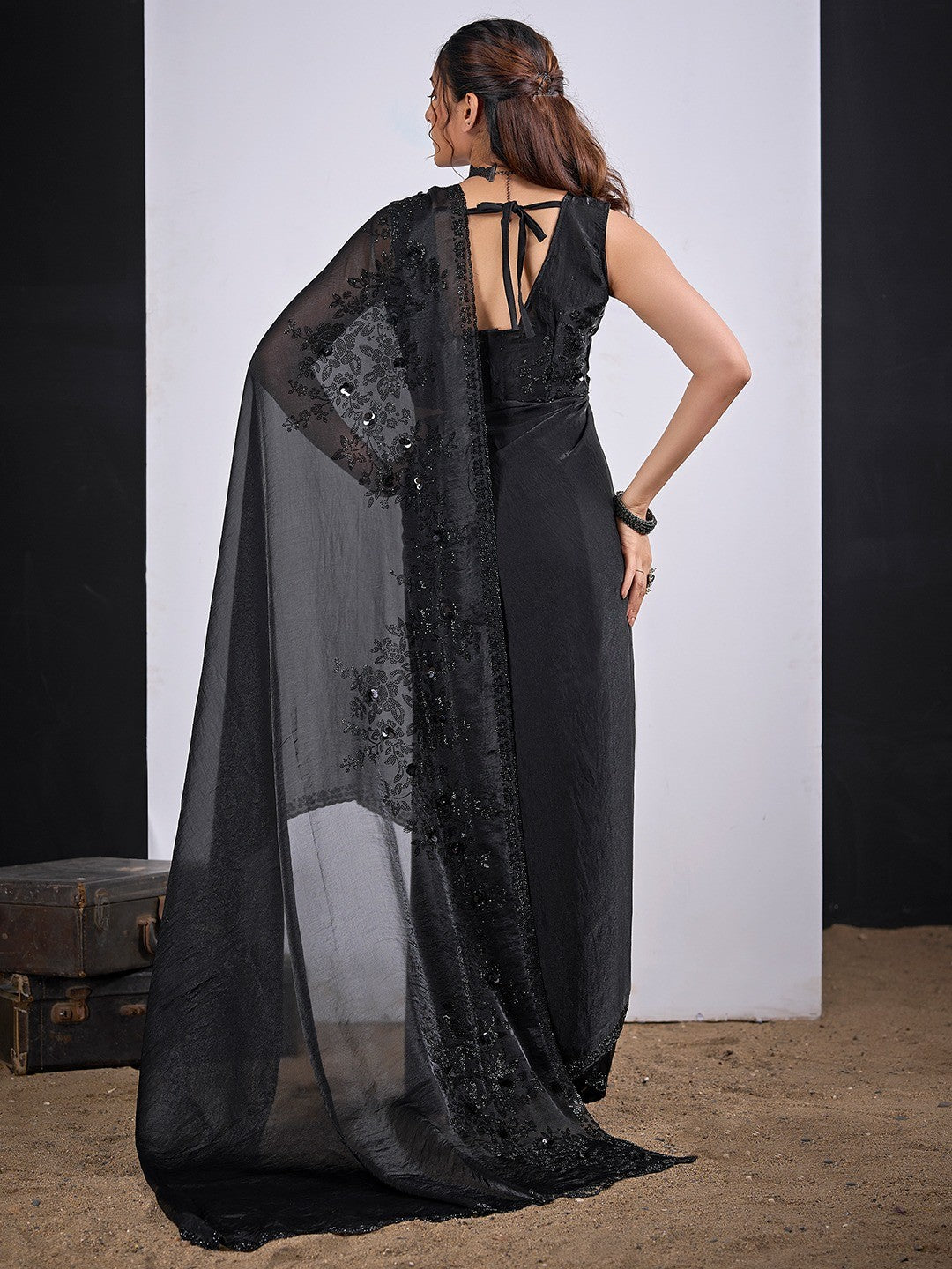 Classic Black Satin Silk Saree Featuring Stone & Cut Dana Work With Sequin Applic Finish - Image 2