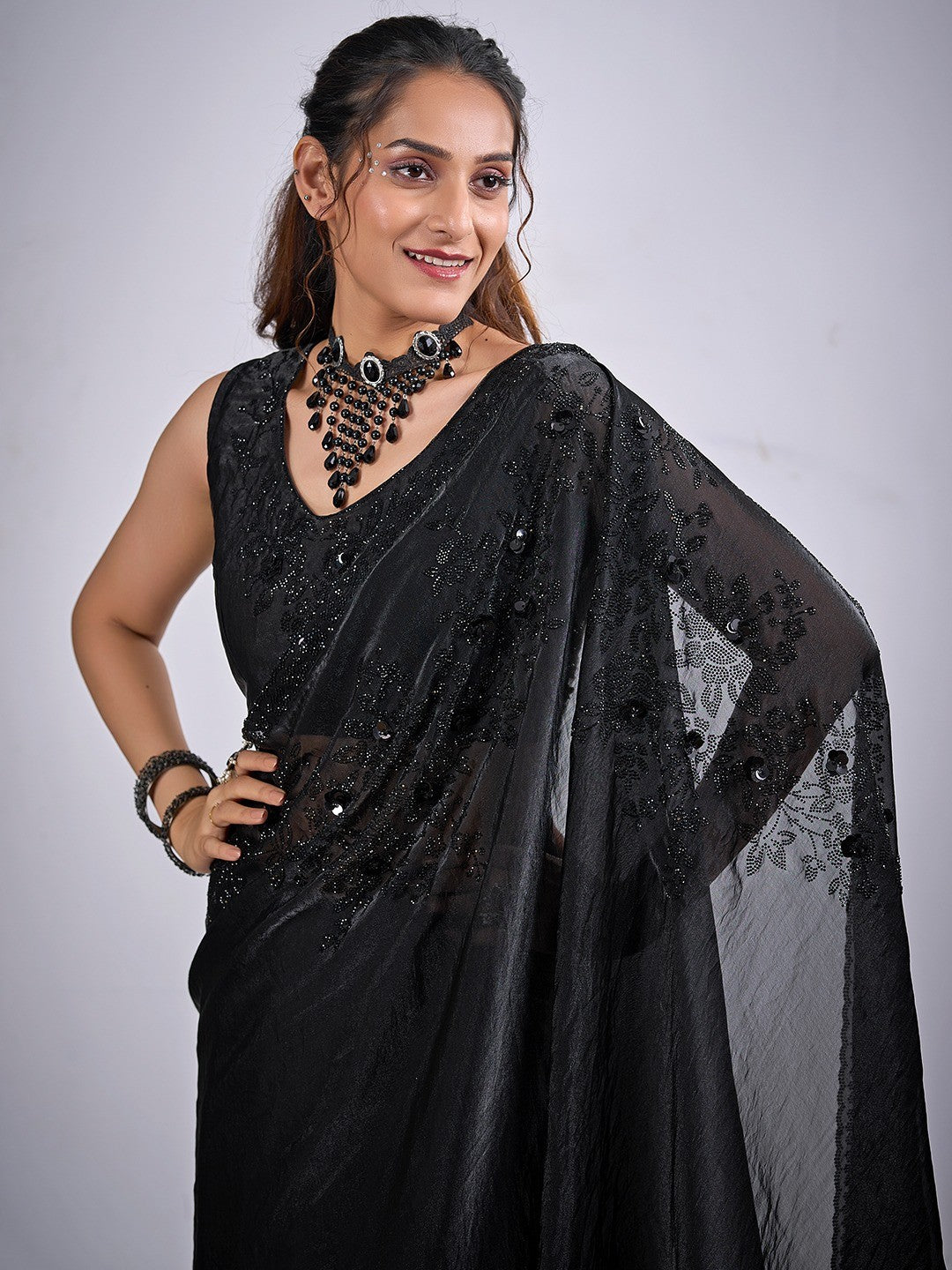 Classic Black Satin Silk Saree Featuring Stone & Cut Dana Work With Sequin Applic Finish - Image 4