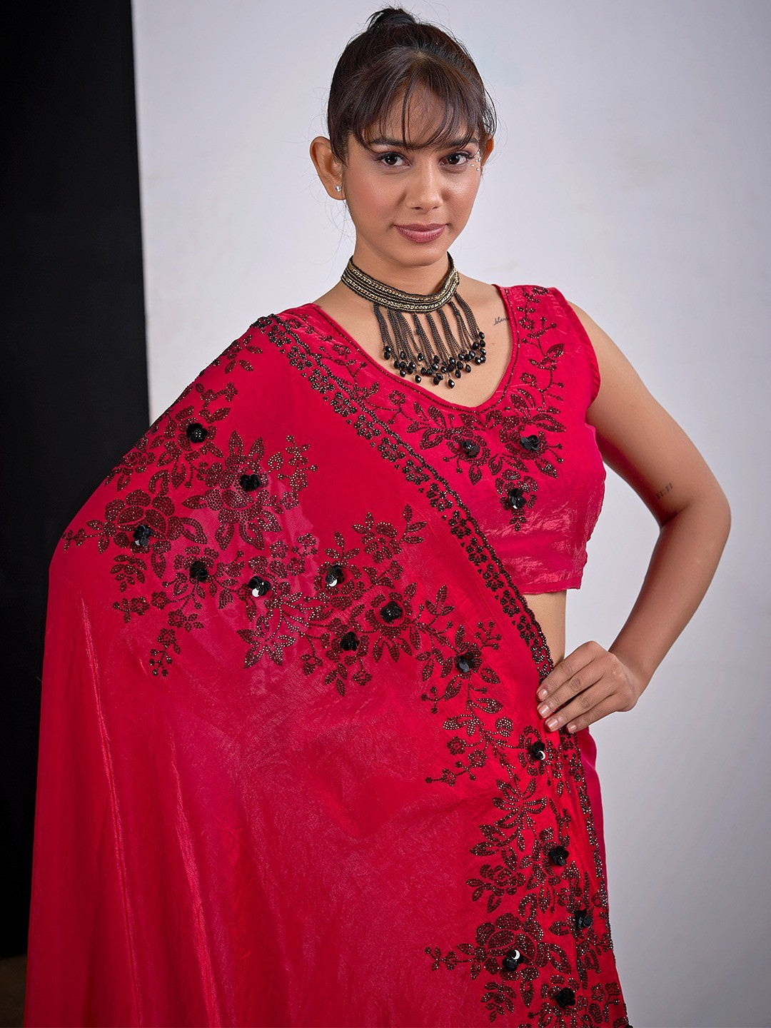 Classic Cherry Red Satin Silk Saree Featuring Stone & Cut Dana Work With Sequin Applic Finish - Image 3