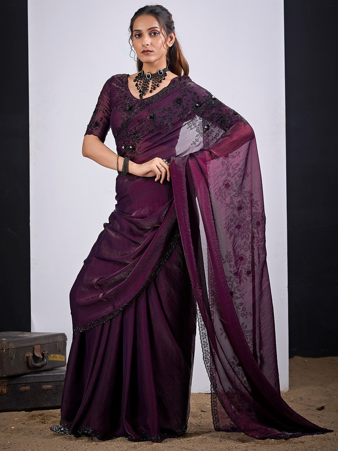 Classic Wine Satin Silk Saree Featuring Stone & Cut Dana Work With Sequin Applic Finish - Image 3