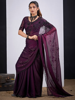 Classic Wine Satin Silk Saree Featuring Stone & Cut Dana Work With Sequin Applic Finish - Image 2