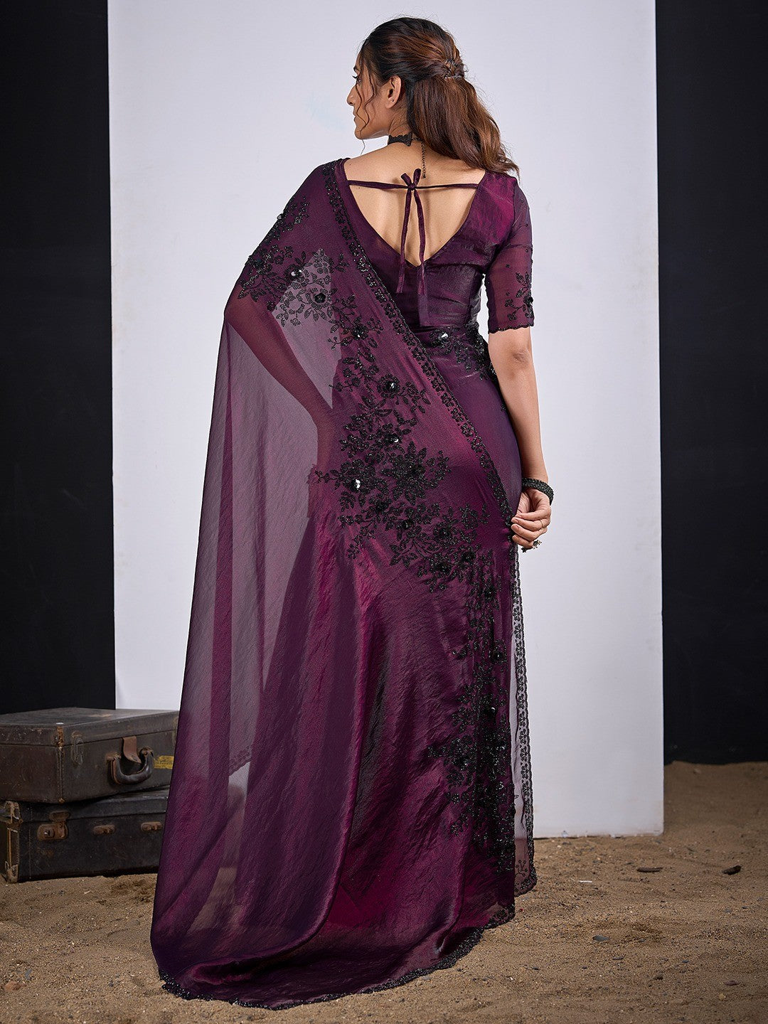 Classic Wine Satin Silk Saree Featuring Stone & Cut Dana Work With Sequin Applic Finish - Image 4