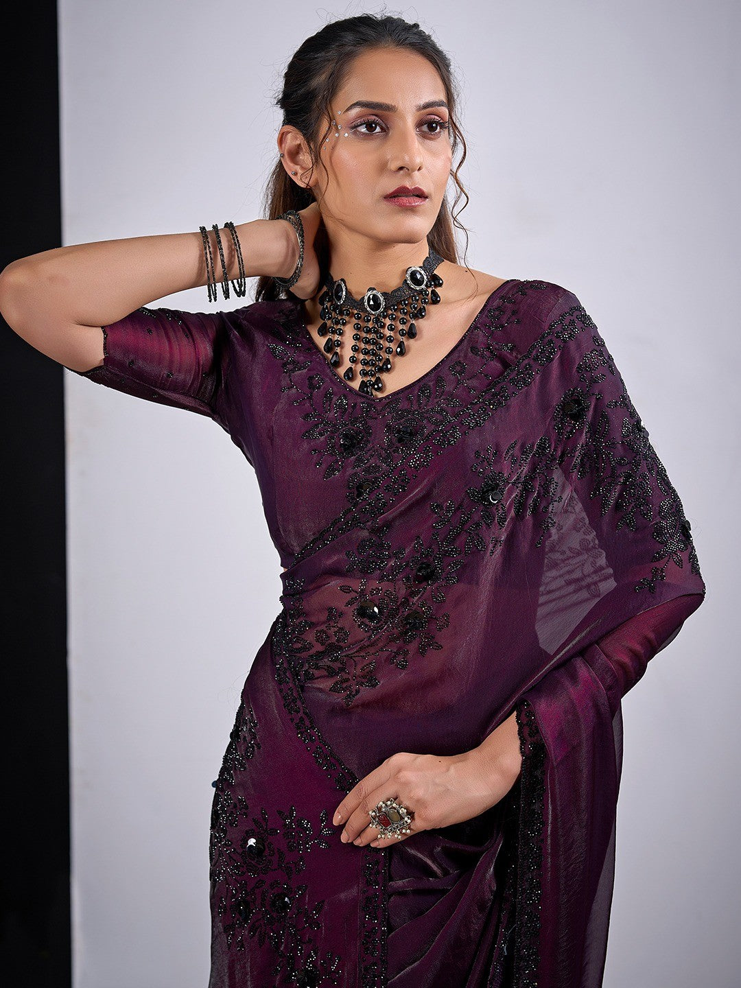 Classic Wine Satin Silk Saree Featuring Stone & Cut Dana Work With Sequin Applic Finish - Image 2