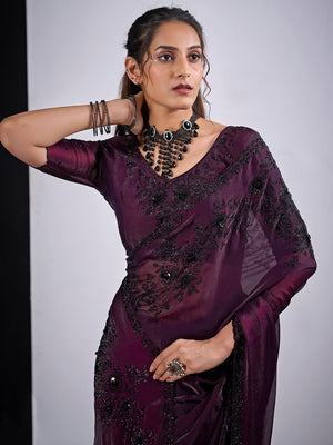 Classic Wine Satin Silk Saree Featuring Stone & Cut Dana Work With Sequin Applic Finish - Image 2