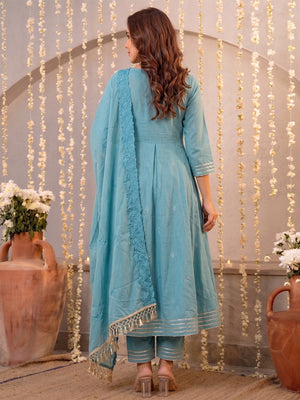 Graceful Blue Mul Cotton Anarkali Set with Intricate Thread Work - Image 2