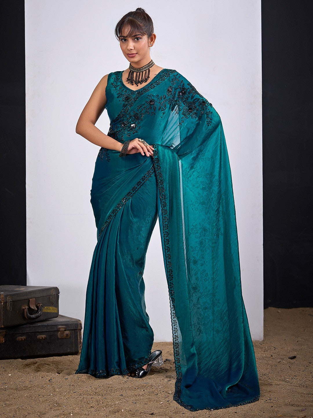 Classic Teal Satin Silk Saree Featuring Stone & Cut Dana Work With Sequin Applic Finish - Image 1