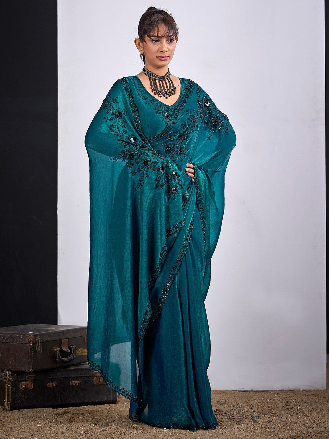 Classic Teal Satin Silk Saree Featuring Stone & Cut Dana Work With Sequin Applic Finish - Image 3