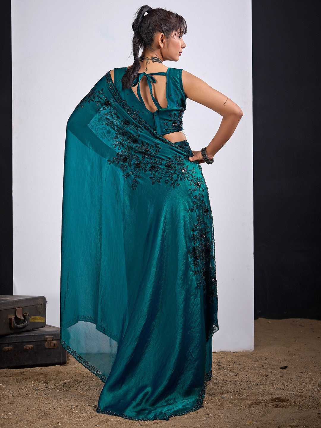 Classic Teal Satin Silk Saree Featuring Stone & Cut Dana Work With Sequin Applic Finish - Image 4