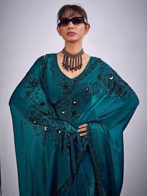 Classic Teal Satin Silk Saree Featuring Stone & Cut Dana Work With Sequin Applic Finish - Image 2