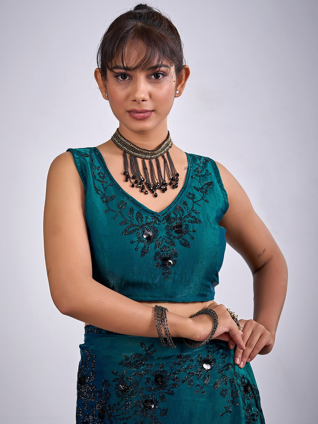 Classic Teal Satin Silk Saree Featuring Stone & Cut Dana Work With Sequin Applic Finish - Image 6