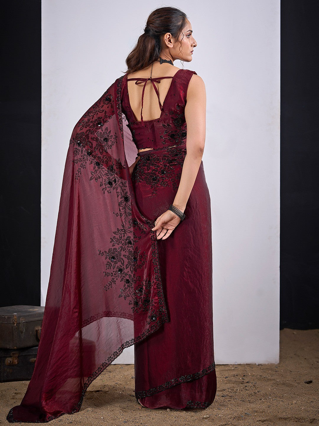 Classic Maroon Satin Silk Saree Featuring Stone & Cut Dana Work With Sequin Applic Finish - Image 2