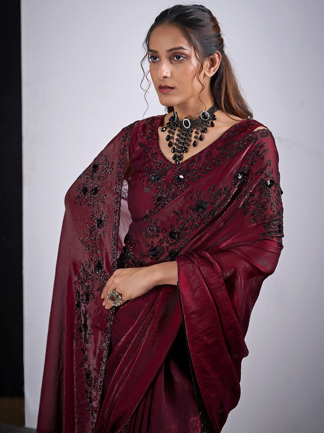 Classic Maroon Satin Silk Saree Featuring Stone & Cut Dana Work With Sequin Applic Finish - Image 4