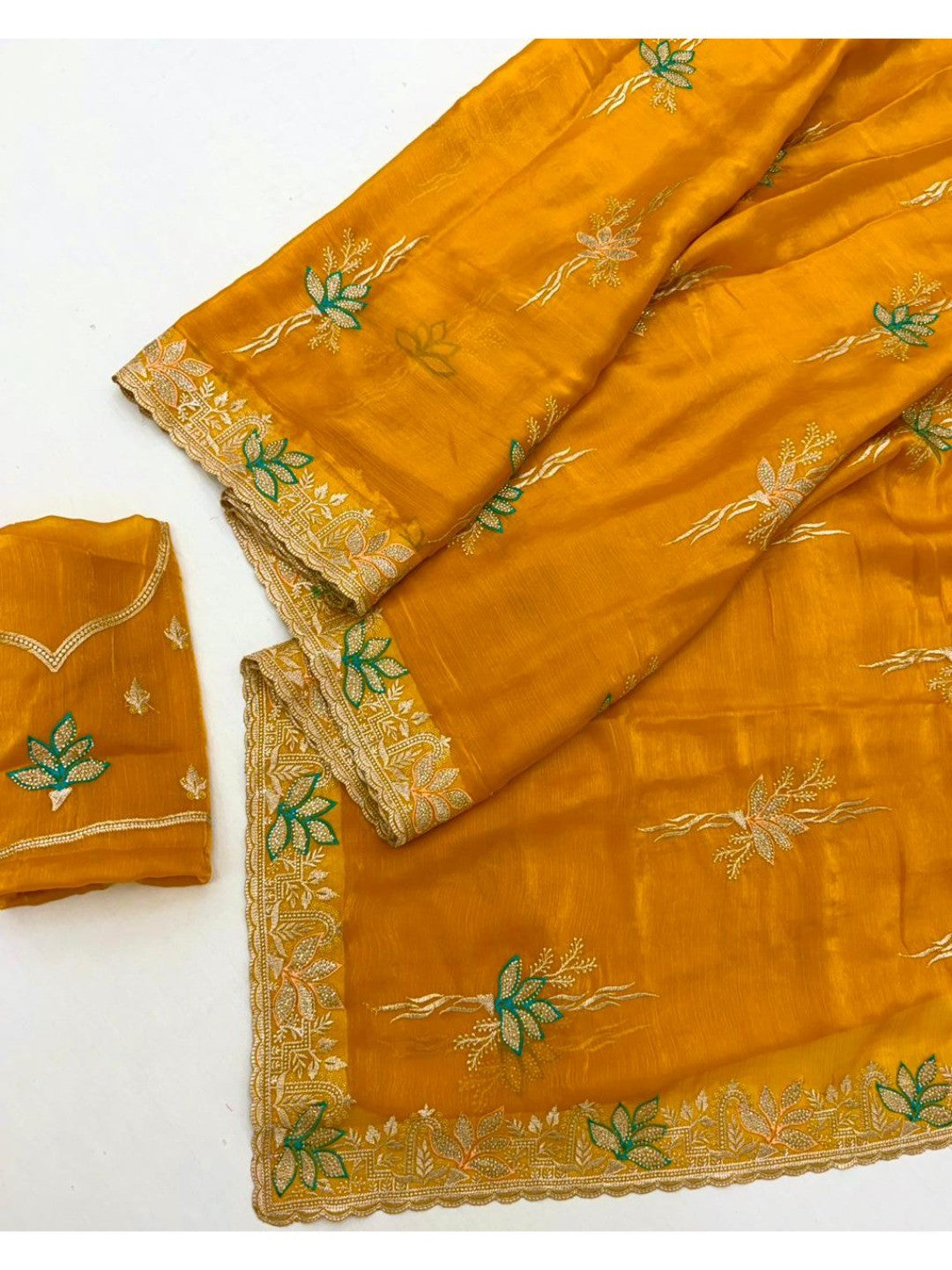 Elegant Yellow Satin Saree with Designer Embroidery and Stone Work - Image 2