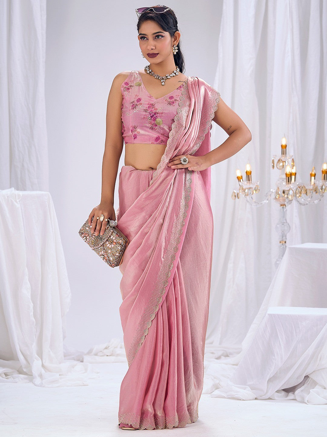 Premium Pink Art Silk Saree With Stone & Cutdhana Border Embellishment - Image 3