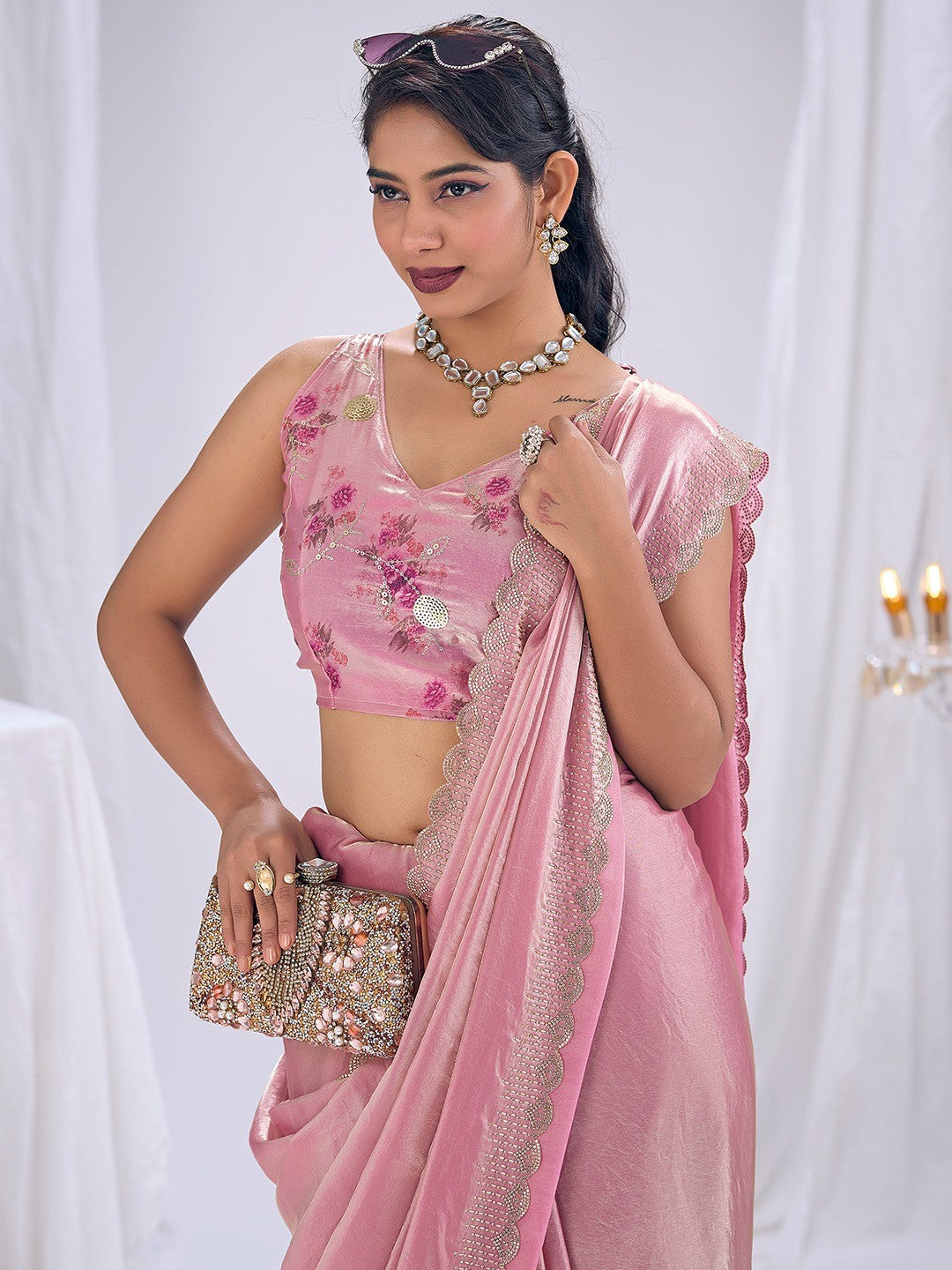 Premium Pink Art Silk Saree With Stone & Cutdhana Border Embellishment - Image 2
