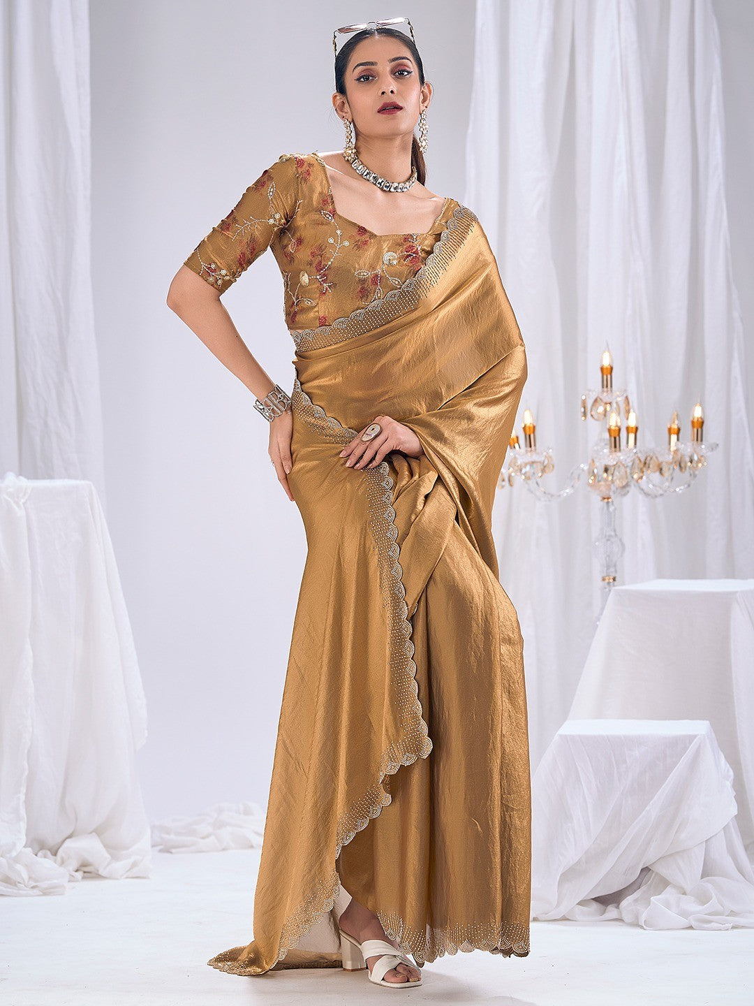 Premium Golden Art Silk Saree With Stone & Cutdhana Border Embellishment - Image 2