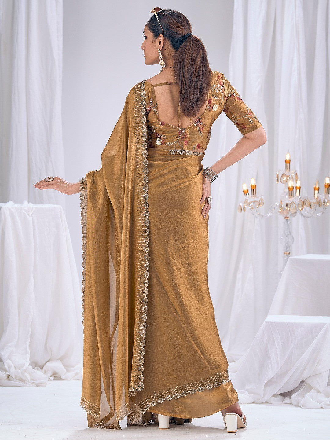 Premium Golden Art Silk Saree With Stone & Cutdhana Border Embellishment - Image 4
