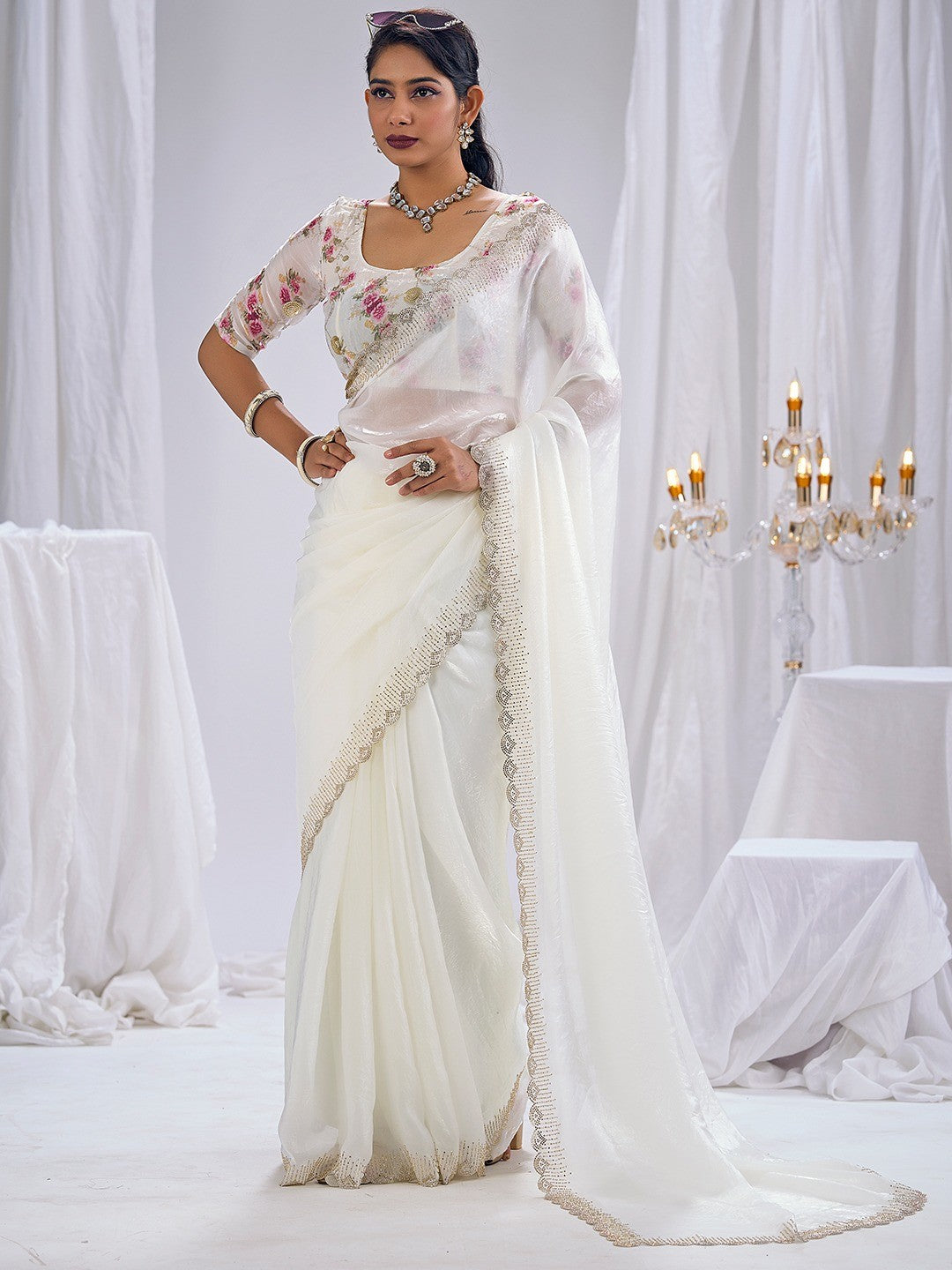 Premium White Art Silk Saree With Stone & Cutdhana Border Embellishment - Image 2