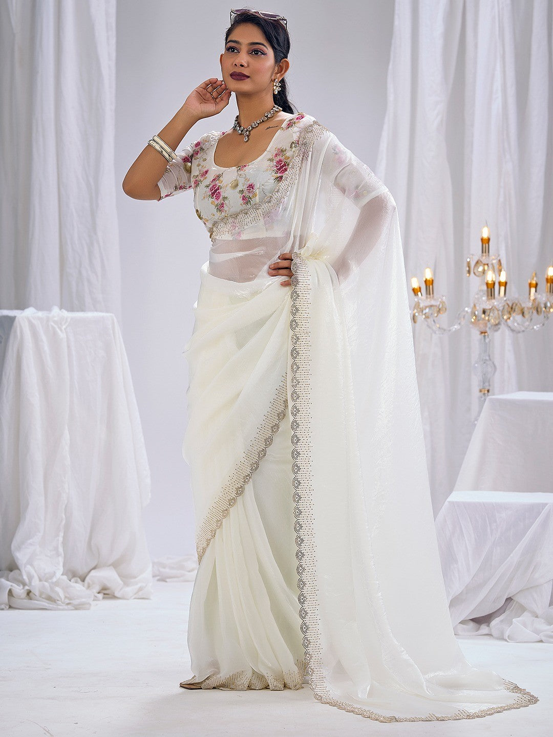 Premium White Art Silk Saree With Stone & Cutdhana Border Embellishment - Image 4