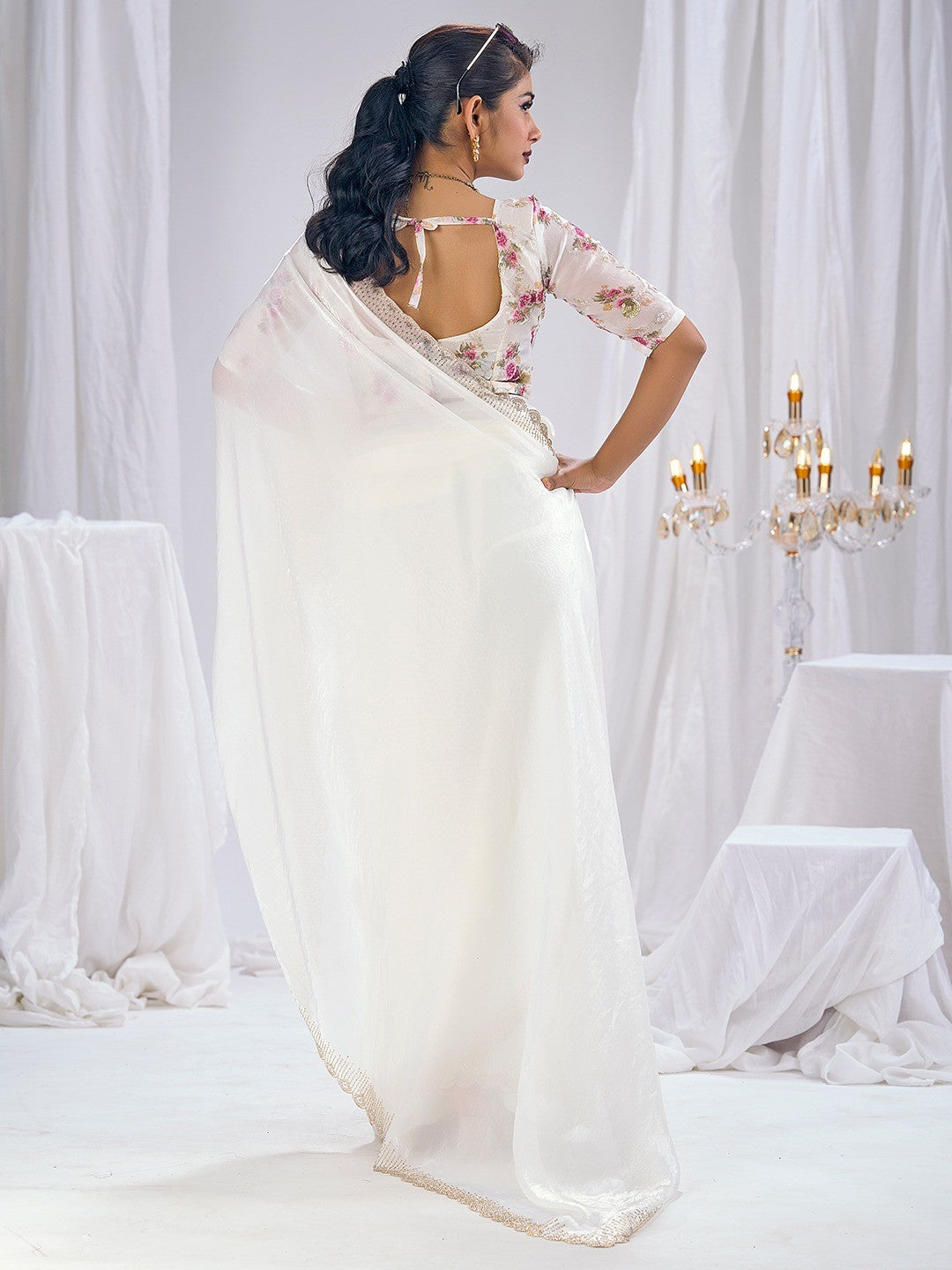 Premium White Art Silk Saree With Stone & Cutdhana Border Embellishment - Image 6
