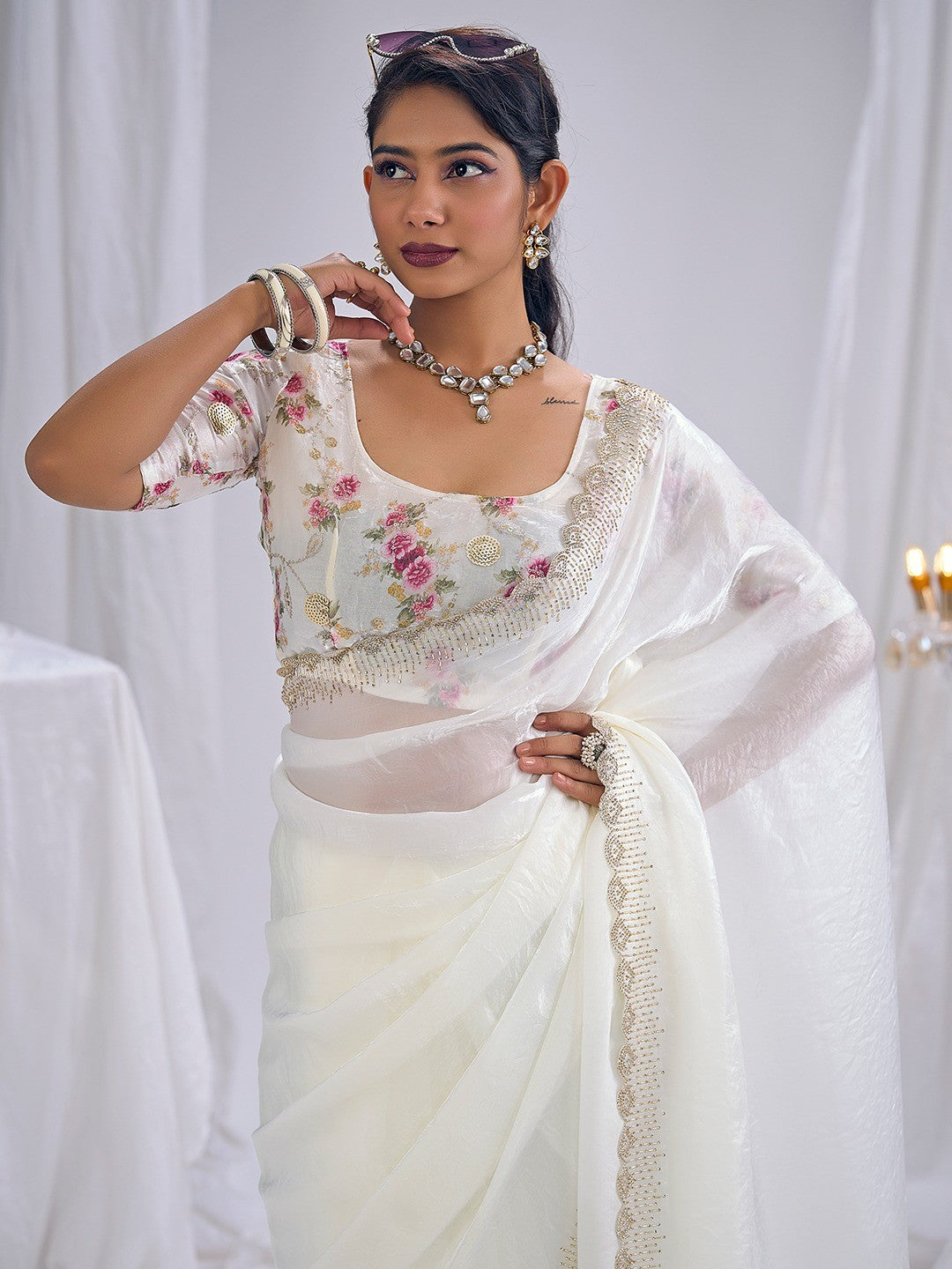 Premium White Art Silk Saree With Stone & Cutdhana Border Embellishment - Image 3