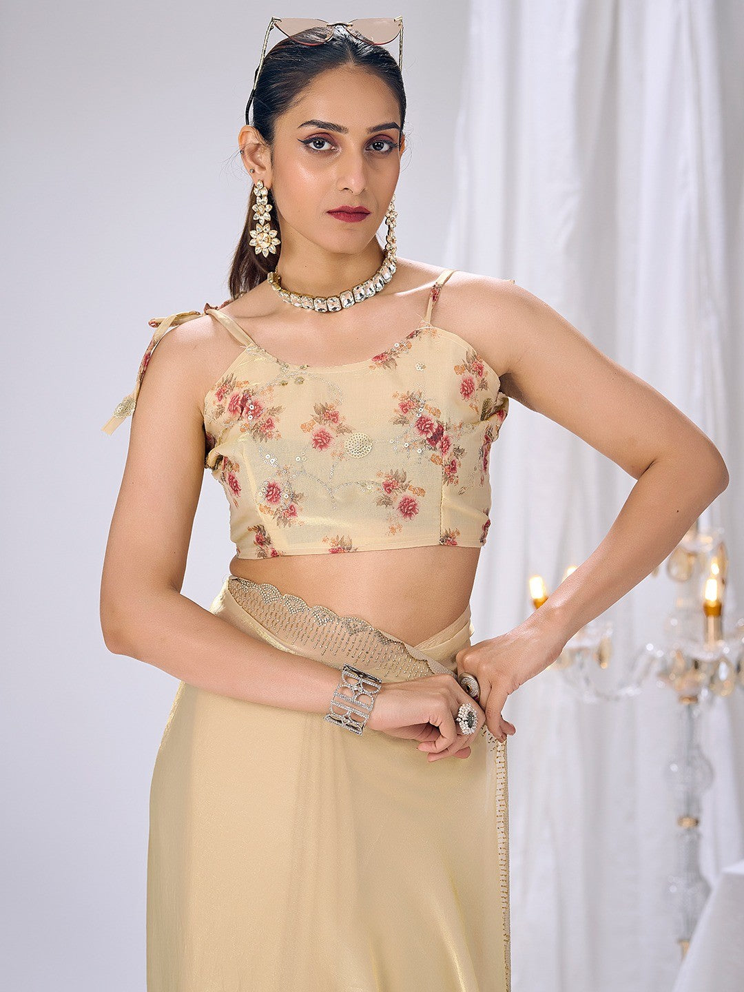 Premium Cream Art Silk Saree With Stone & Cutdhana Border Embellishment - Image 5